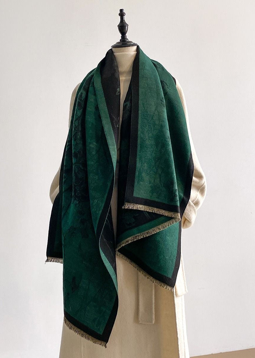 Reversible Floral Print Faux Cashmere Scarf with Fringe