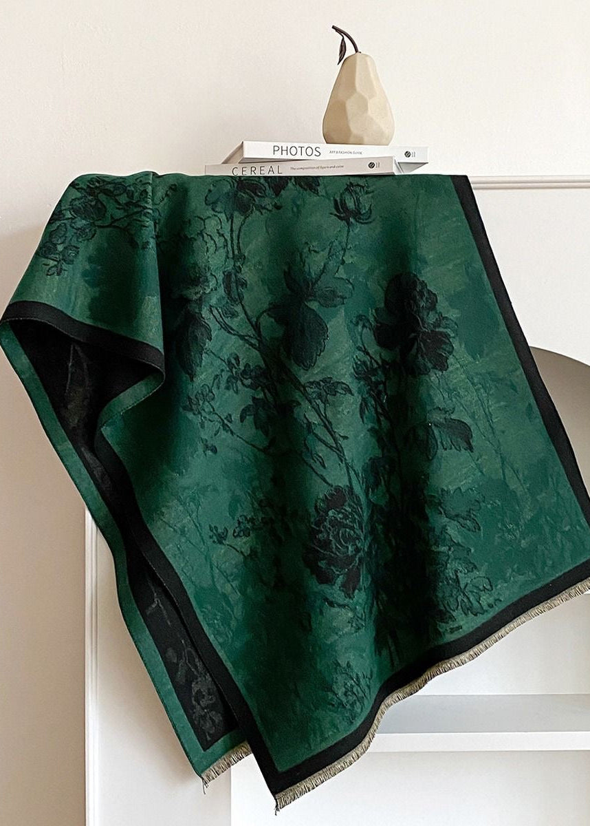 Reversible Floral Print Faux Cashmere Scarf with Fringe