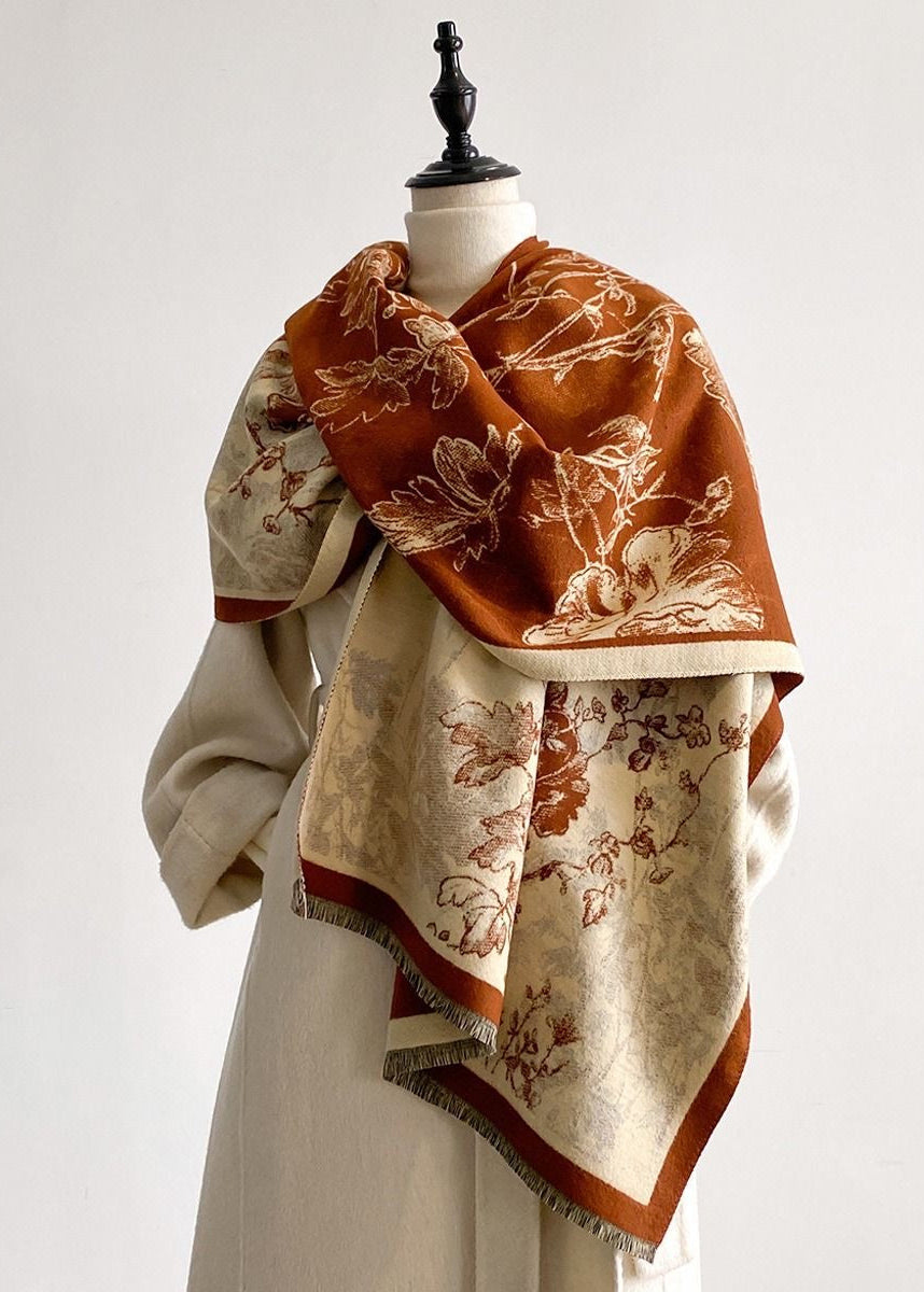Reversible Floral Print Faux Cashmere Scarf with Fringe