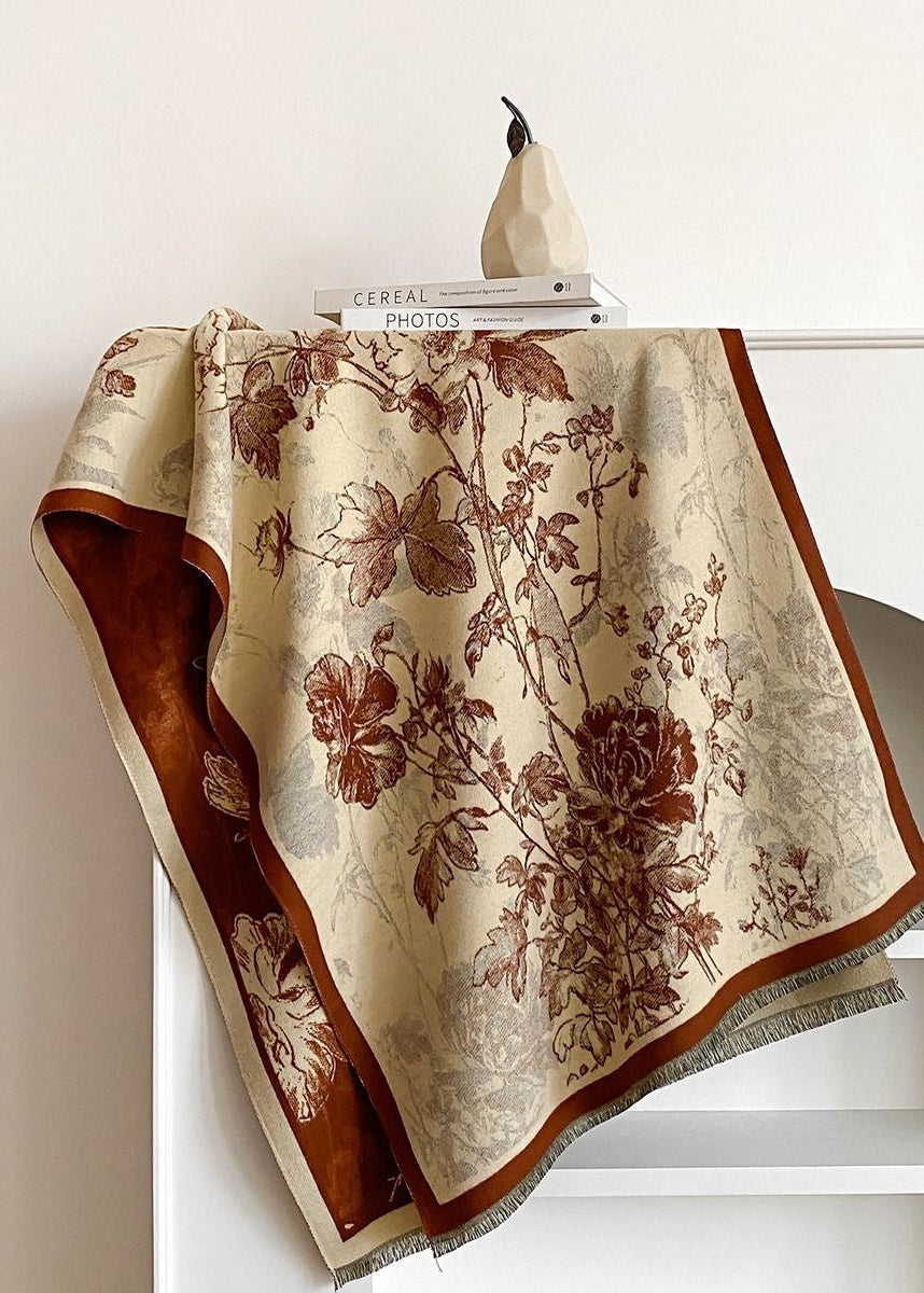 Reversible Floral Print Faux Cashmere Scarf with Fringe
