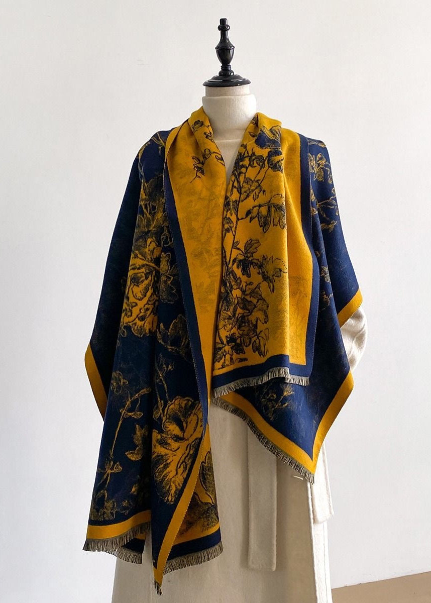Reversible Floral Print Faux Cashmere Scarf with Fringe