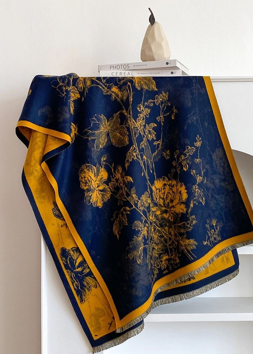 Reversible Floral Print Faux Cashmere Scarf with Fringe