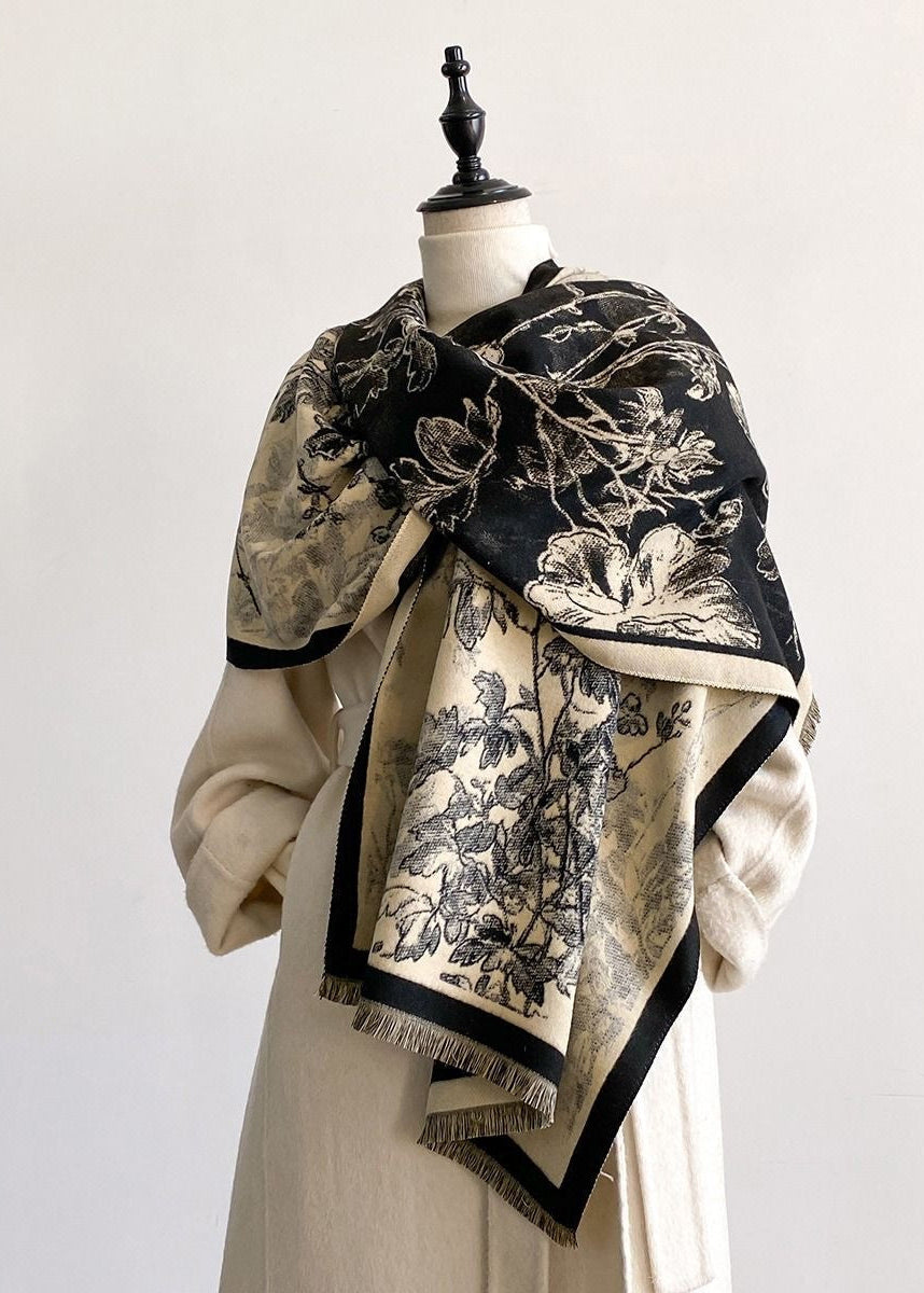 Reversible Floral Print Faux Cashmere Scarf with Fringe