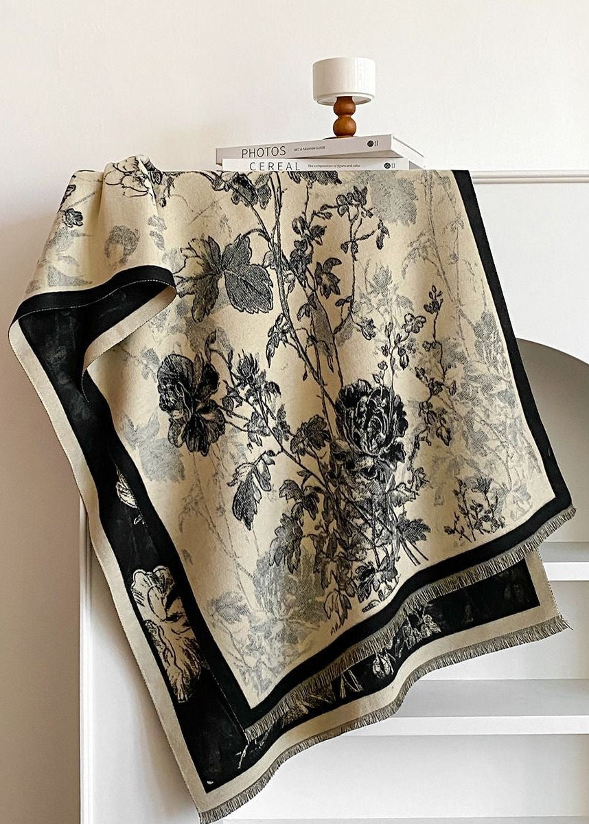 Reversible Floral Print Faux Cashmere Scarf with Fringe