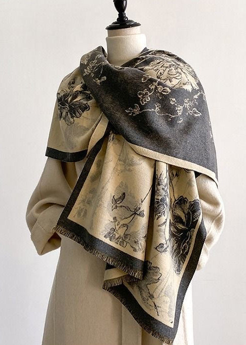 Reversible Floral Print Faux Cashmere Scarf with Fringe
