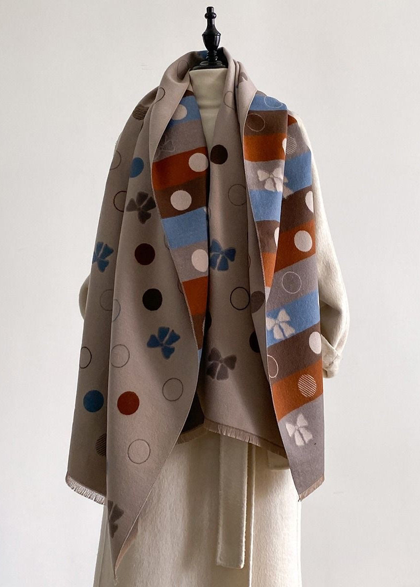 Reversible Polka Dot & Bow Print Faux Cashmere Scarf with Fringe