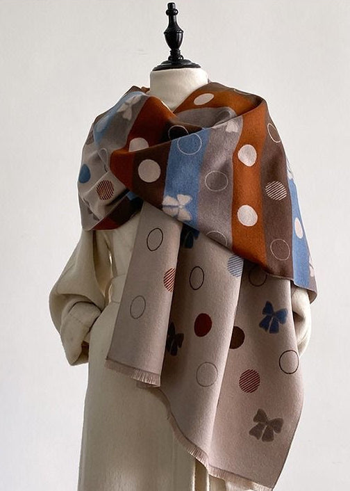 Reversible Polka Dot & Bow Print Faux Cashmere Scarf with Fringe