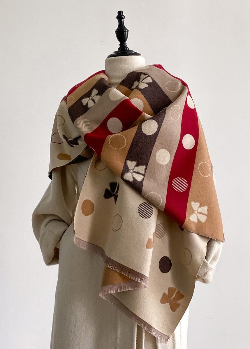 Reversible Polka Dot & Bow Print Faux Cashmere Scarf with Fringe