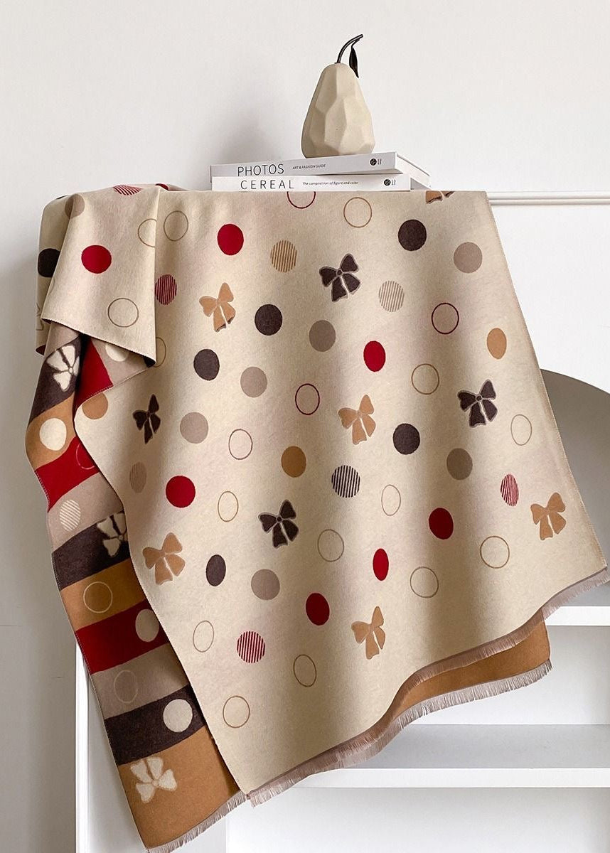 Reversible Polka Dot & Bow Print Faux Cashmere Scarf with Fringe