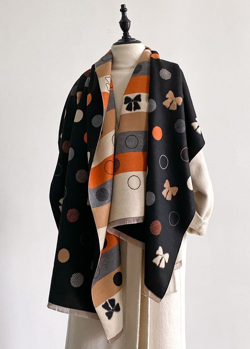 Reversible Polka Dot & Bow Print Faux Cashmere Scarf with Fringe