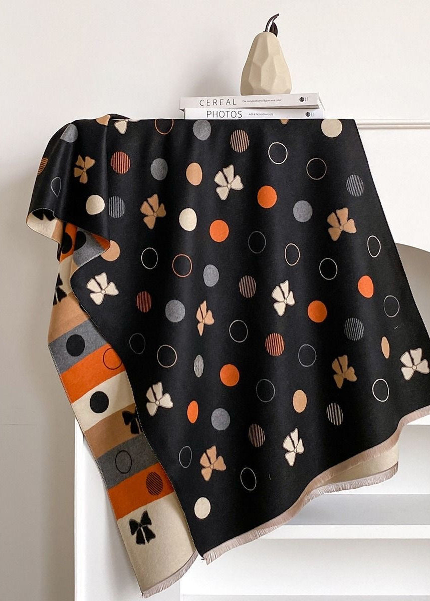 Reversible Polka Dot & Bow Print Faux Cashmere Scarf with Fringe