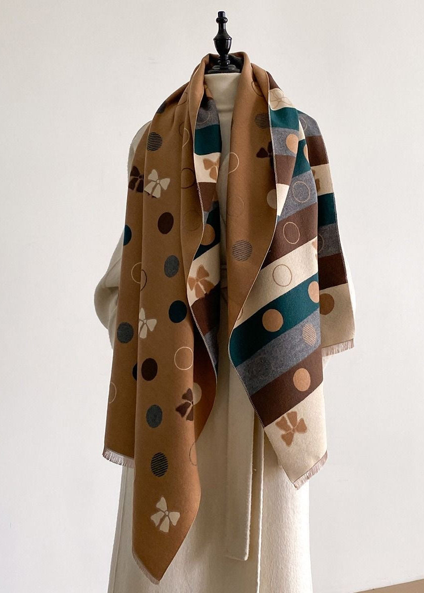 Reversible Polka Dot & Bow Print Faux Cashmere Scarf with Fringe