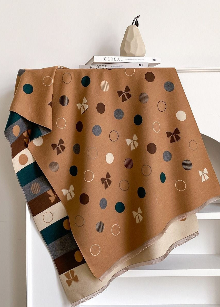 Reversible Polka Dot & Bow Print Faux Cashmere Scarf with Fringe