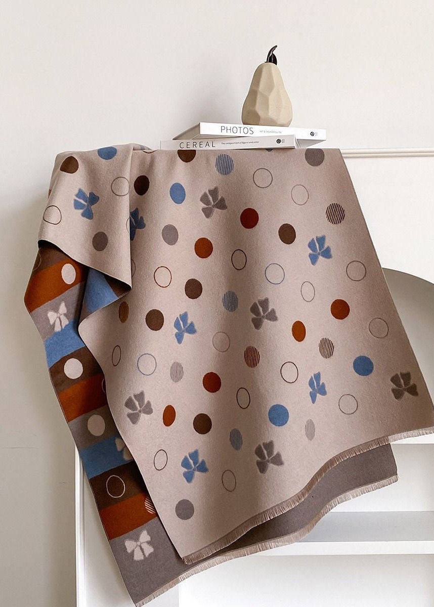 Reversible Polka Dot & Bow Print Faux Cashmere Scarf with Fringe
