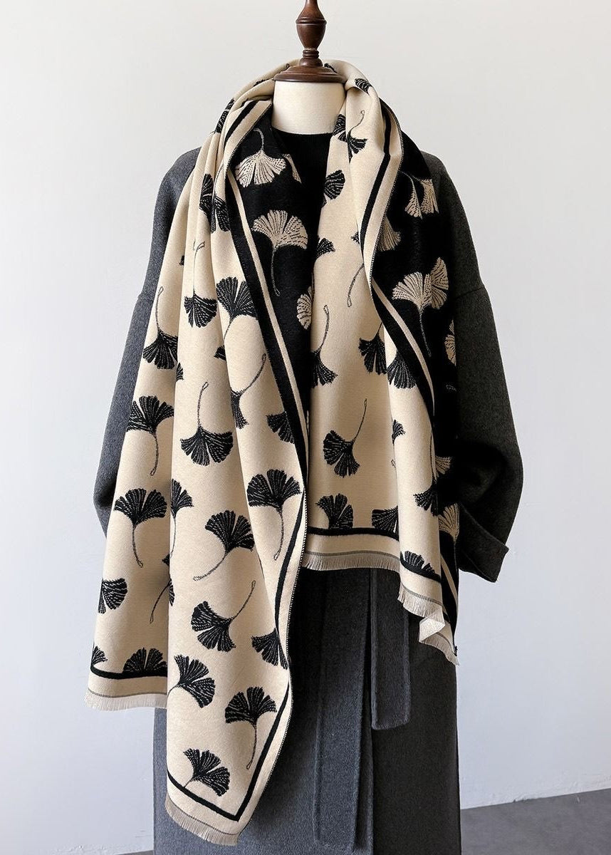 Reversible Ginkgo Leaf Faux Cashmere Scarf with Fringe