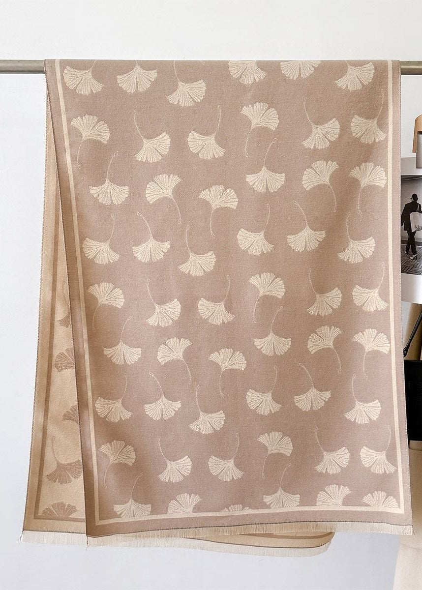Reversible Ginkgo Leaf Faux Cashmere Scarf with Fringe