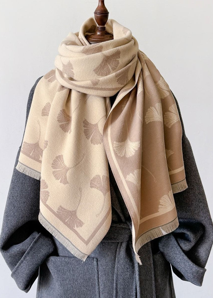 Reversible Ginkgo Leaf Faux Cashmere Scarf with Fringe