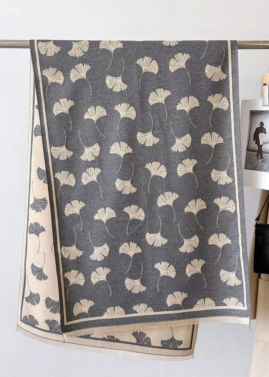 Reversible Ginkgo Leaf Faux Cashmere Scarf with Fringe