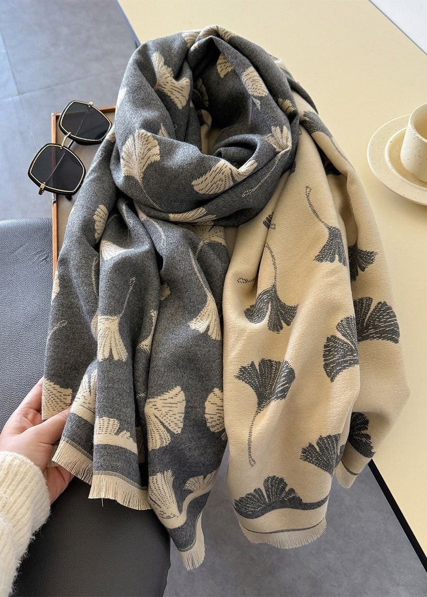 Reversible Ginkgo Leaf Faux Cashmere Scarf with Fringe