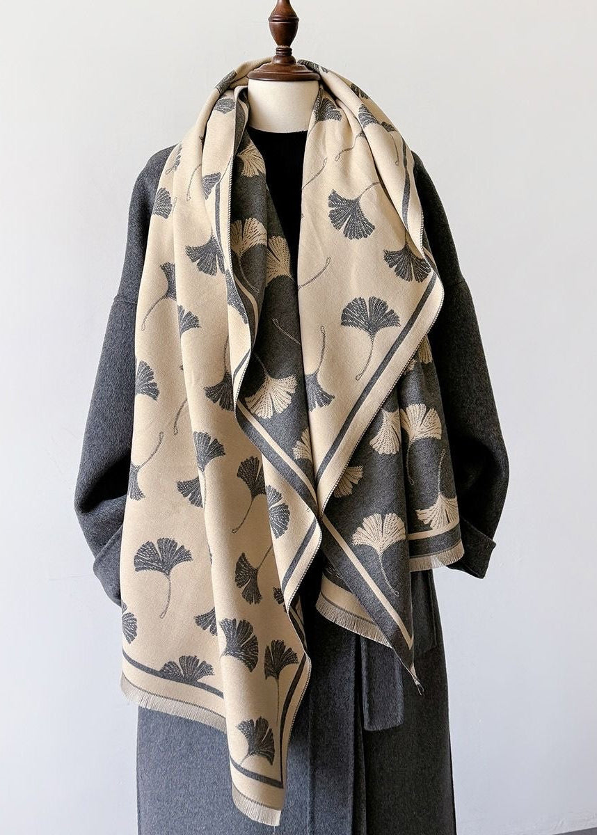 Reversible Ginkgo Leaf Faux Cashmere Scarf with Fringe