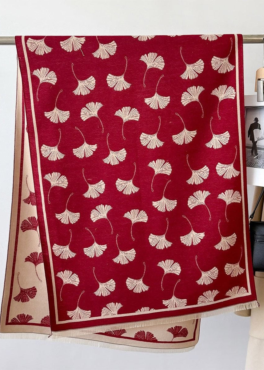 Reversible Ginkgo Leaf Faux Cashmere Scarf with Fringe