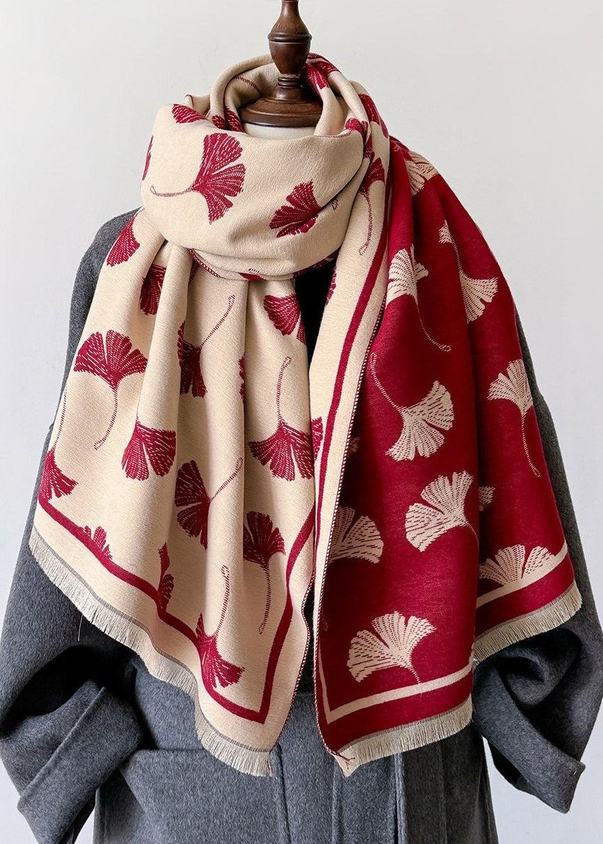 Reversible Ginkgo Leaf Faux Cashmere Scarf with Fringe
