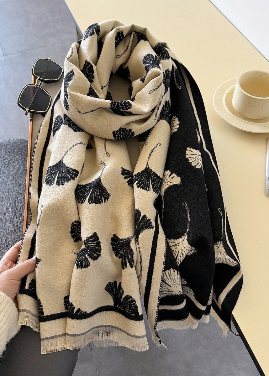 Reversible Ginkgo Leaf Faux Cashmere Scarf with Fringe
