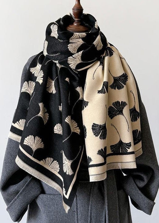 Reversible Ginkgo Leaf Faux Cashmere Scarf with Fringe
