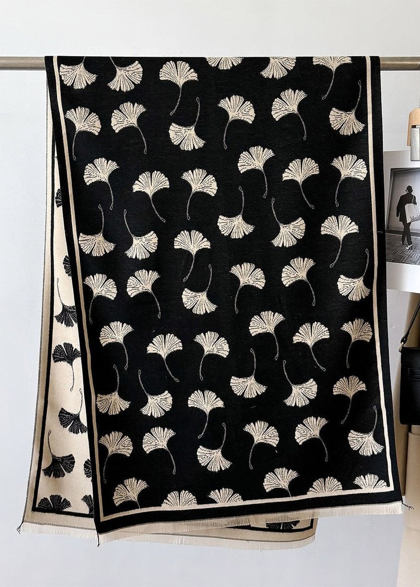 Reversible Ginkgo Leaf Faux Cashmere Scarf with Fringe