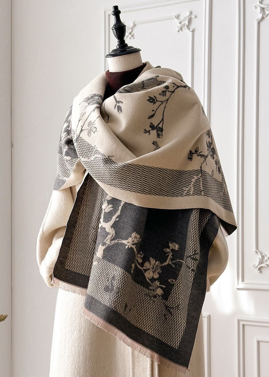 Reversible Bird & Blossom Faux Cashmere Scarf with Fringe