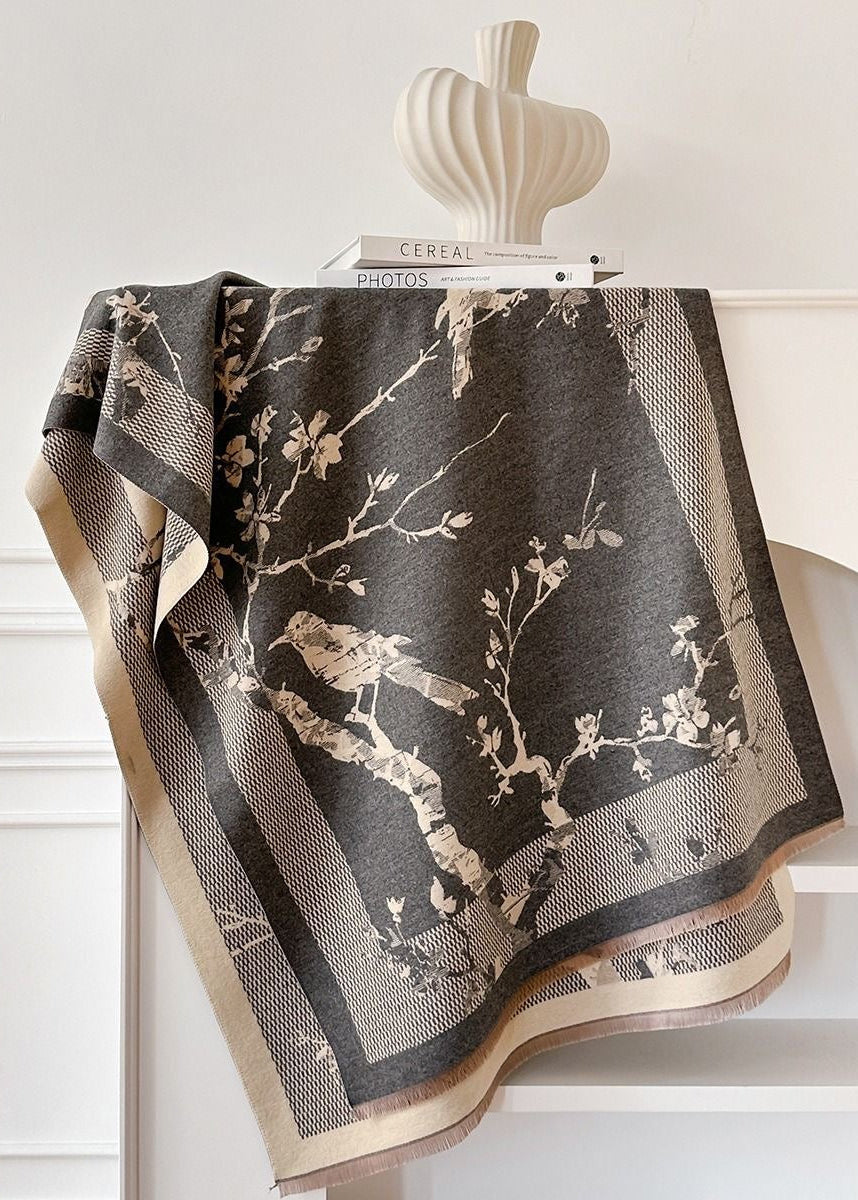 Reversible Bird & Blossom Faux Cashmere Scarf with Fringe