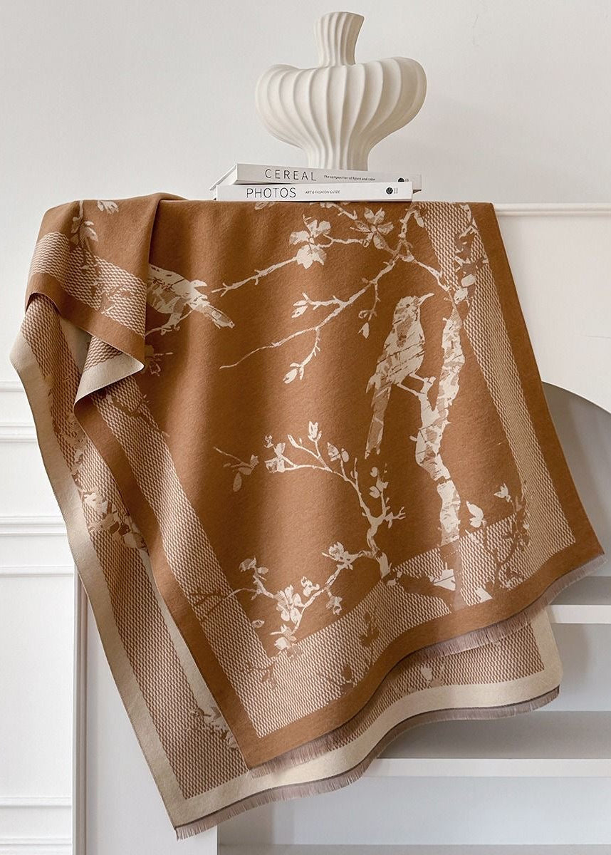Reversible Bird & Blossom Faux Cashmere Scarf with Fringe