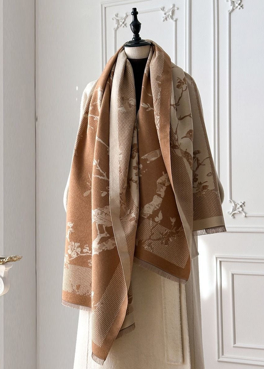 Reversible Bird & Blossom Faux Cashmere Scarf with Fringe