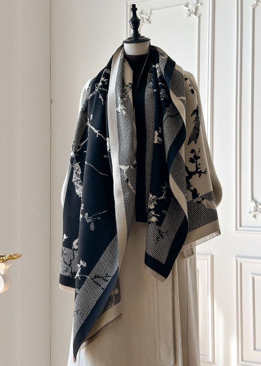 Reversible Bird & Blossom Faux Cashmere Scarf with Fringe
