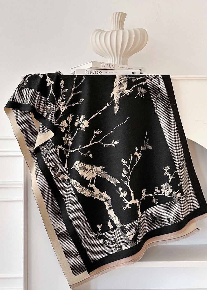 Reversible Bird & Blossom Faux Cashmere Scarf with Fringe