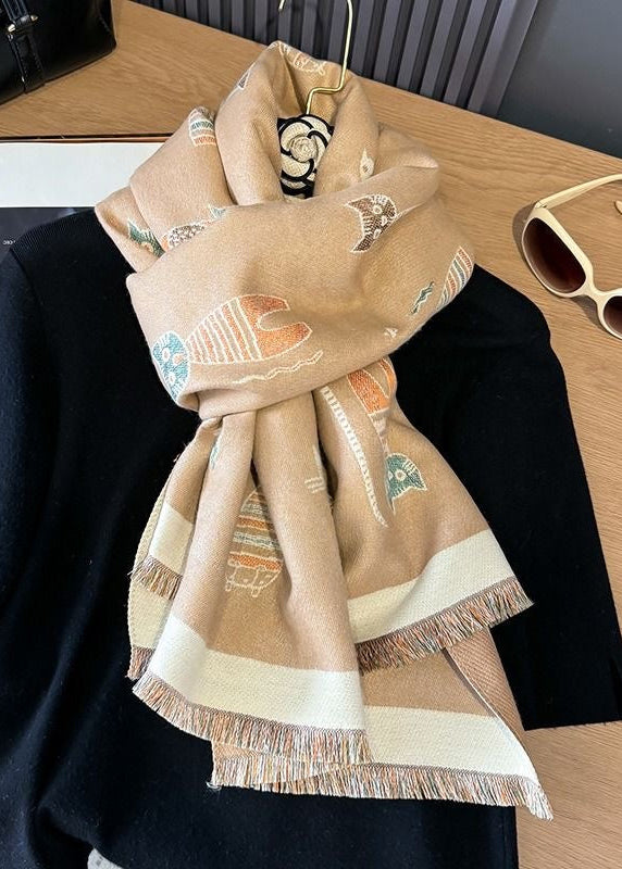 Reversible Whimsical Cat Print Faux Cashmere Scarf with Fringe