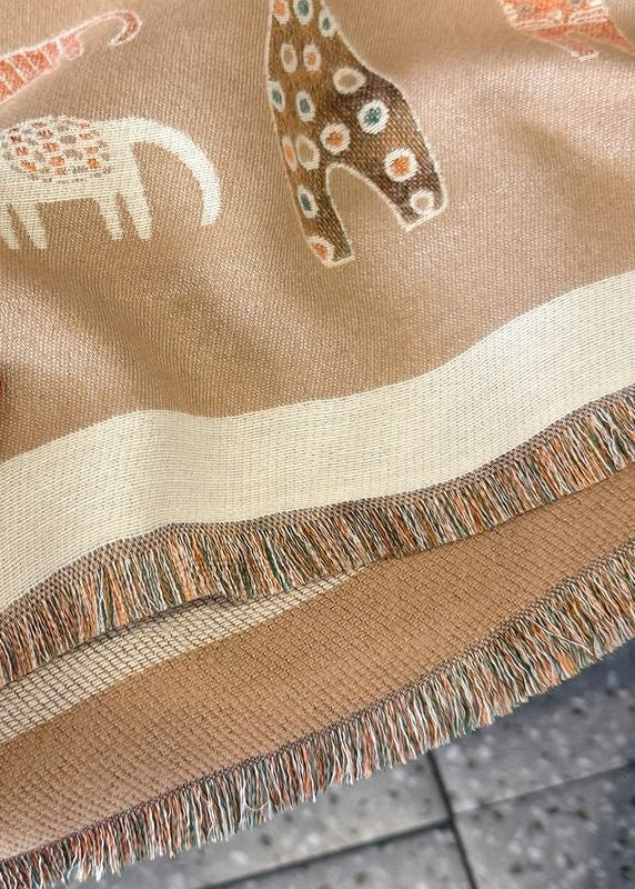 Reversible Whimsical Cat Print Faux Cashmere Scarf with Fringe
