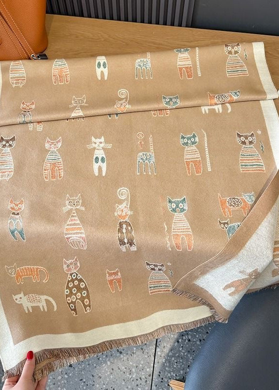 Reversible Whimsical Cat Print Faux Cashmere Scarf with Fringe