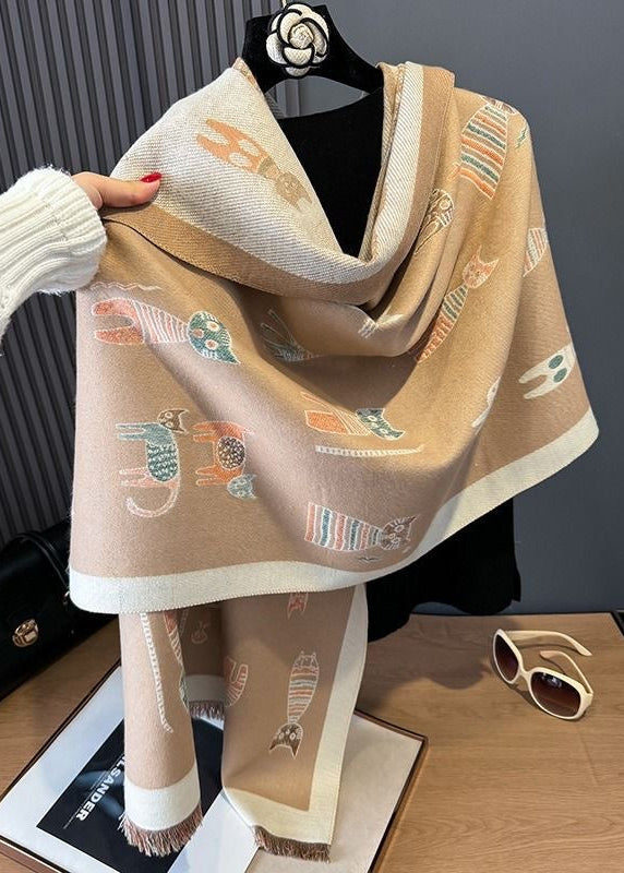 Reversible Whimsical Cat Print Faux Cashmere Scarf with Fringe