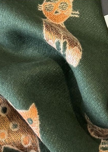 Reversible Whimsical Cat Print Faux Cashmere Scarf with Fringe