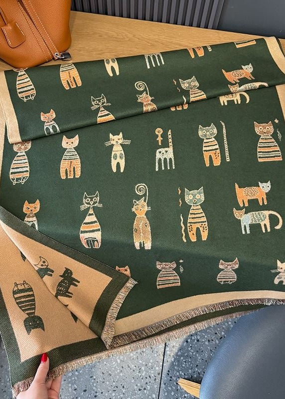 Reversible Whimsical Cat Print Faux Cashmere Scarf with Fringe