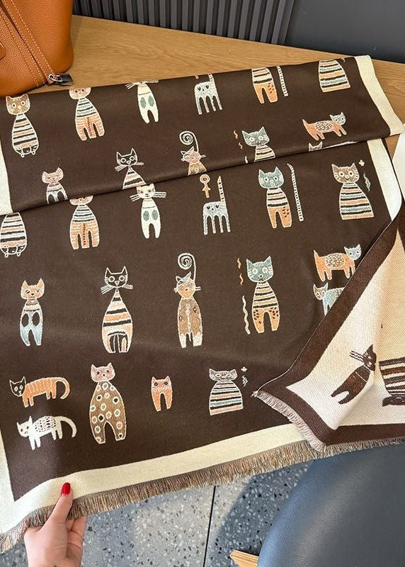 Reversible Whimsical Cat Print Faux Cashmere Scarf with Fringe