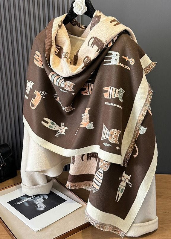 Reversible Whimsical Cat Print Faux Cashmere Scarf with Fringe