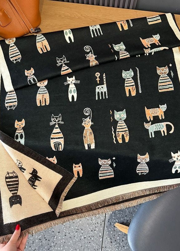 Reversible Whimsical Cat Print Faux Cashmere Scarf with Fringe