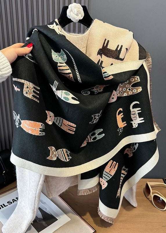 Reversible Whimsical Cat Print Faux Cashmere Scarf with Fringe