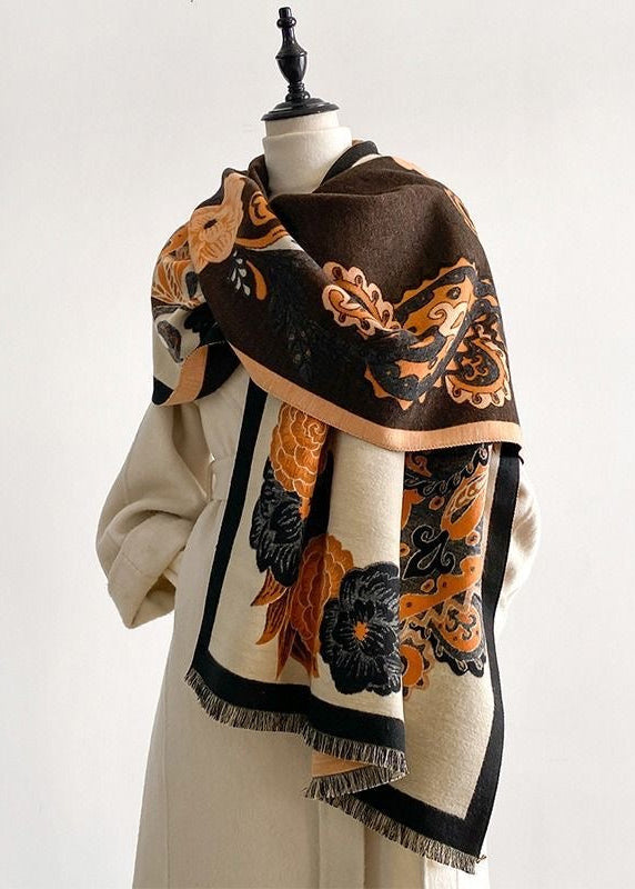 Reversible Floral Paisley Faux Cashmere Scarf with Fringe