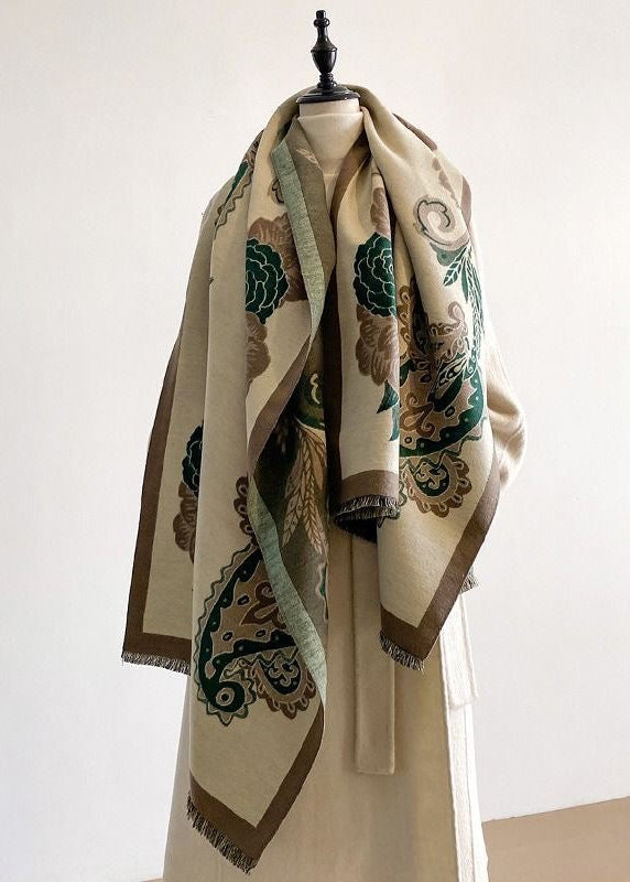 Reversible Floral Paisley Faux Cashmere Scarf with Fringe
