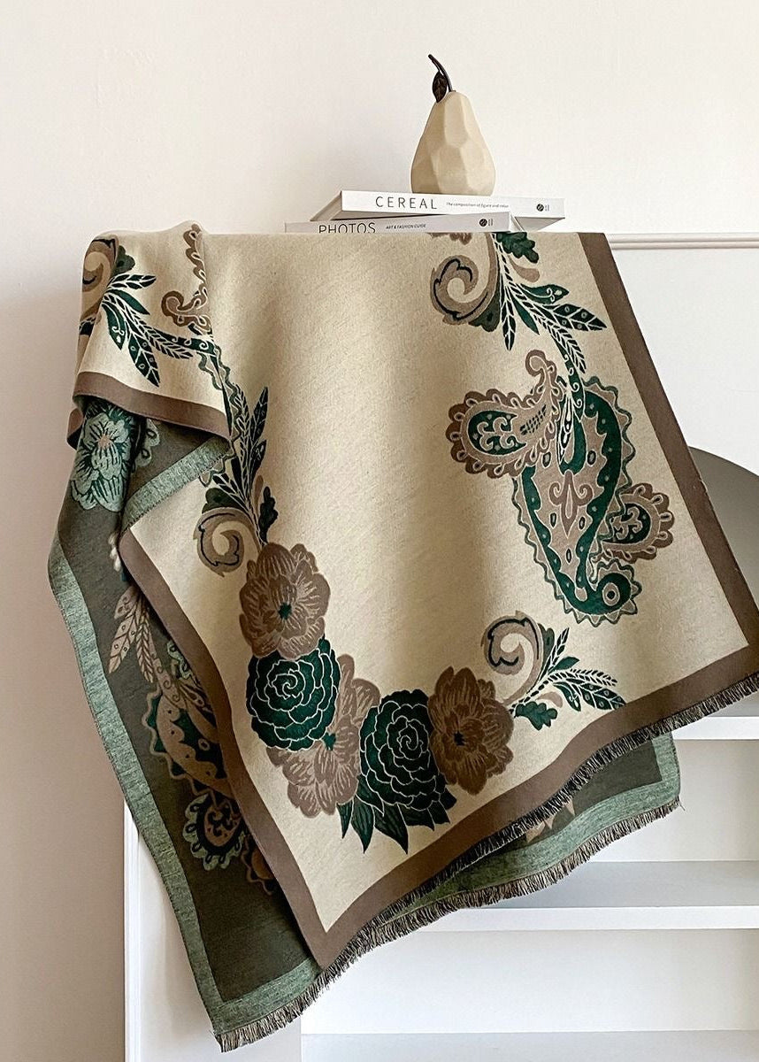Reversible Floral Paisley Faux Cashmere Scarf with Fringe