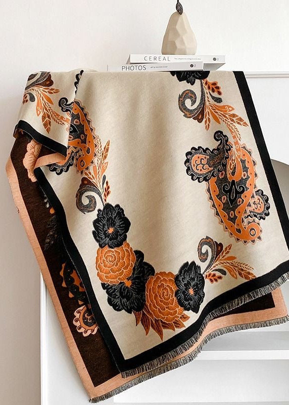 Reversible Floral Paisley Faux Cashmere Scarf with Fringe