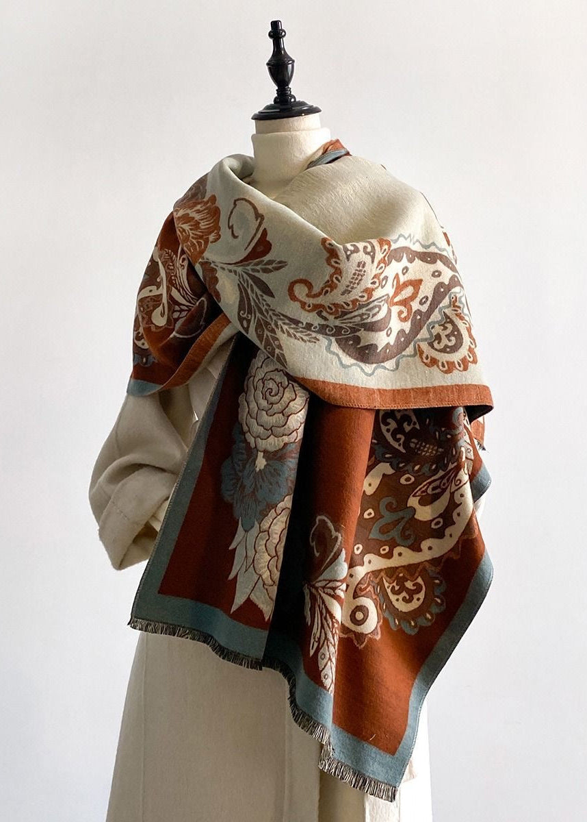 Reversible Floral Paisley Faux Cashmere Scarf with Fringe